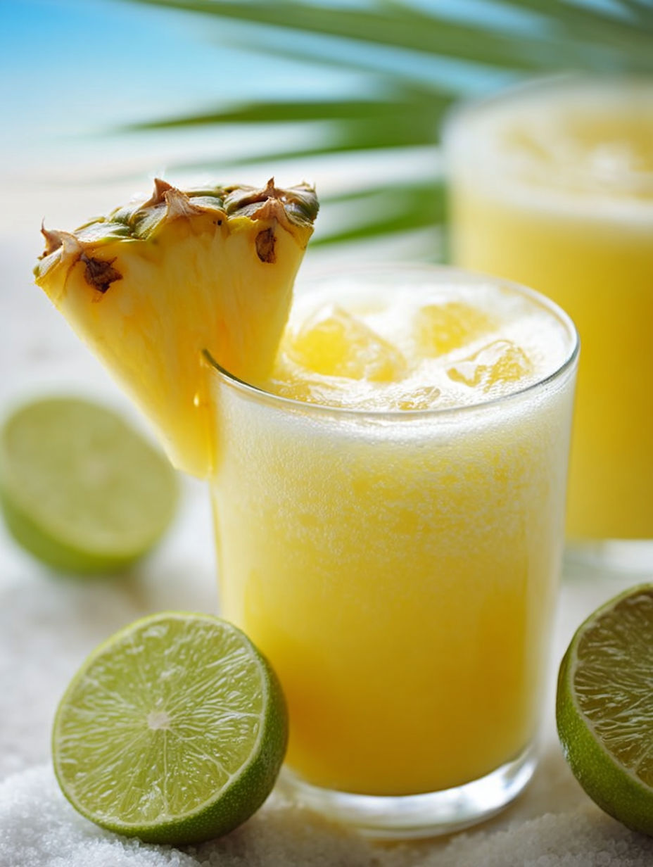 A glass of pineapple juice with a pineapple slice on top.