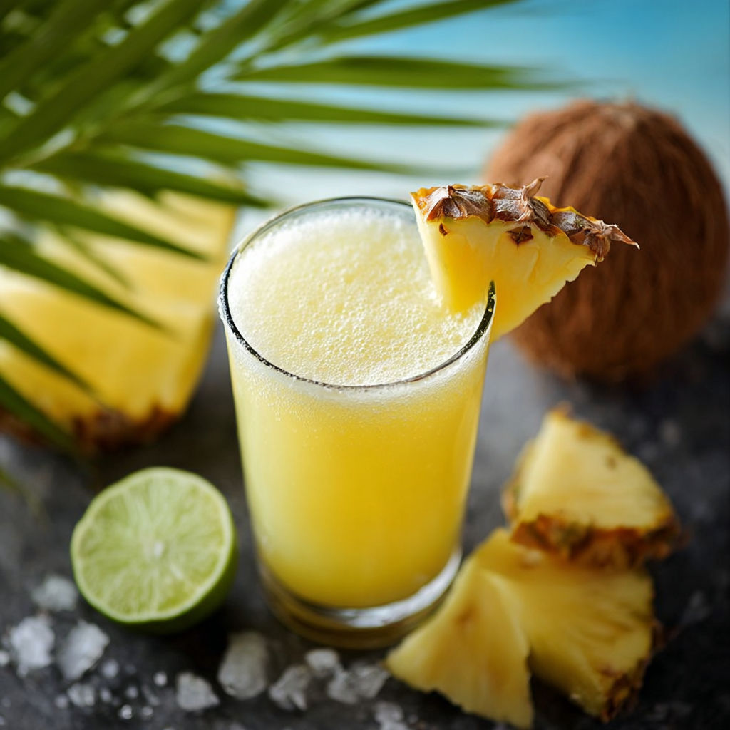 A glass of pineapple juice with a pineapple wedge on top.
