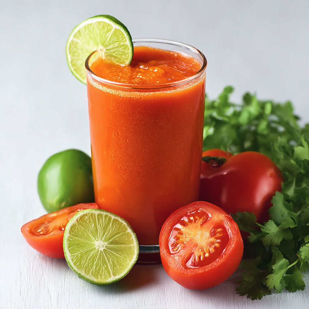 A glass of spicy cleanse juice with tomatoes and limes.
