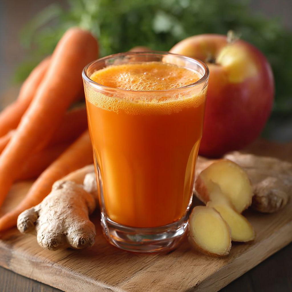 A glass of carrot ginger zing juice.