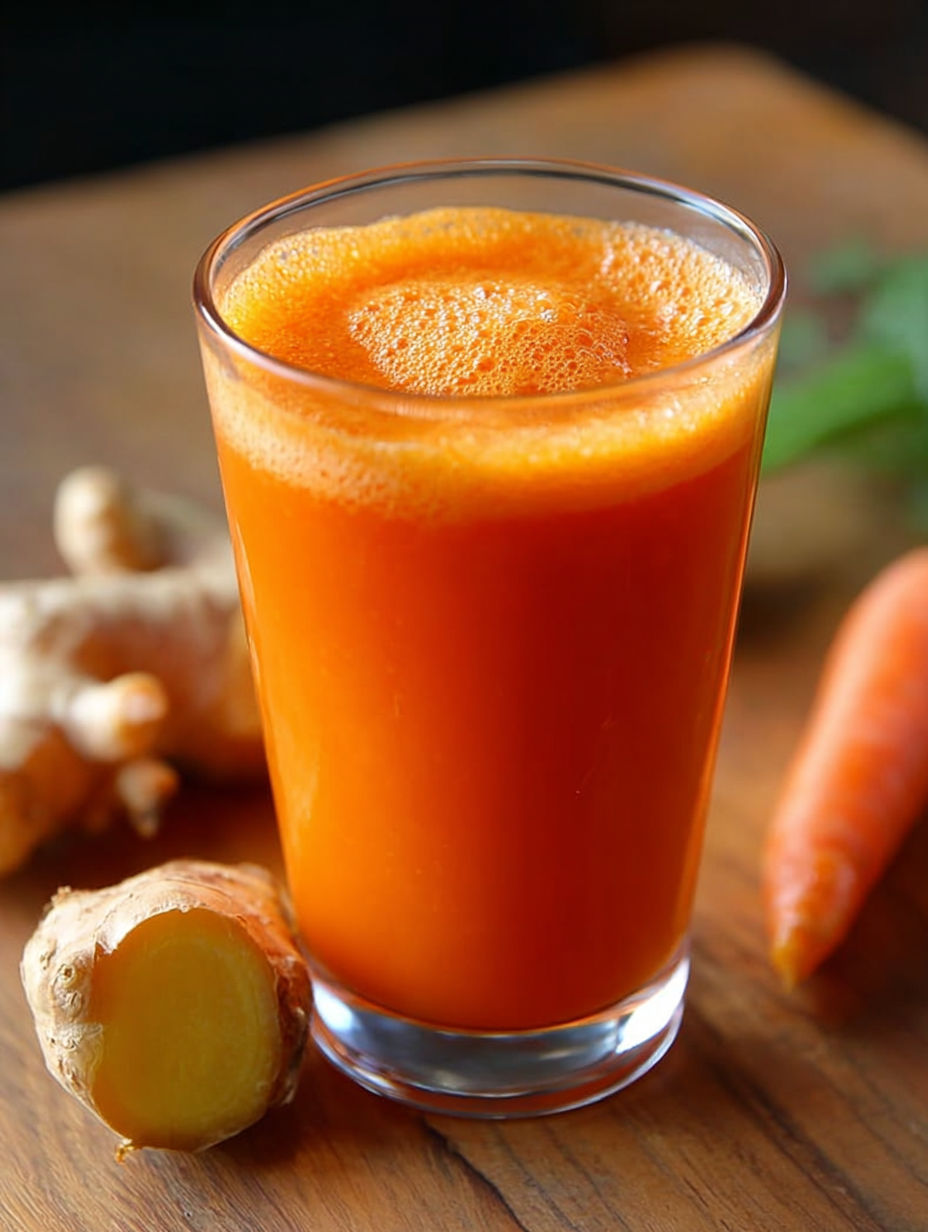 A glass of carrot ginger zing juice.