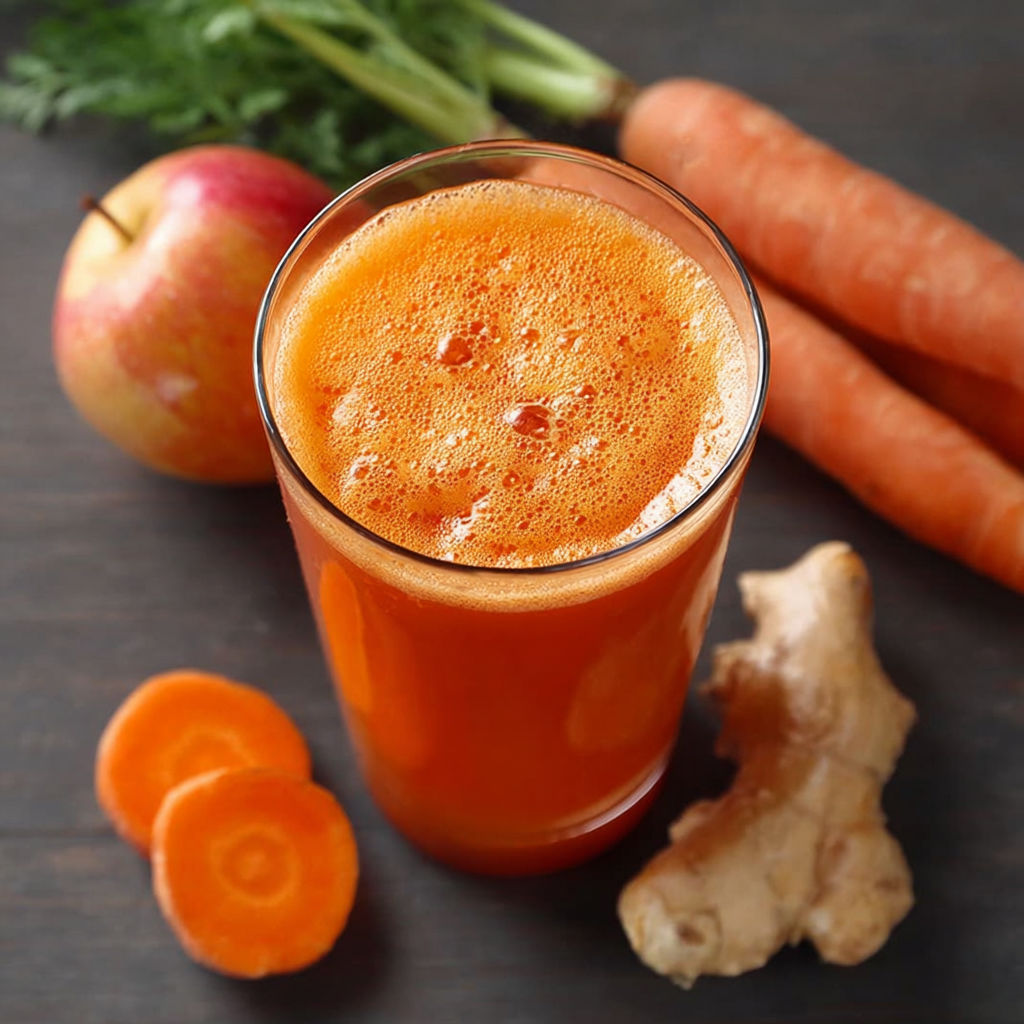 A glass of carrot ginger zing juice.