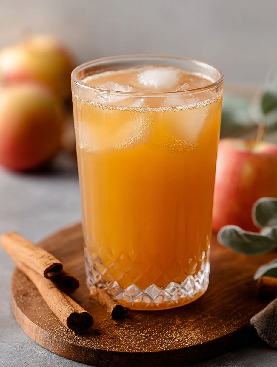 A glass of apple cider detox juice with a cinnamon stick in it.