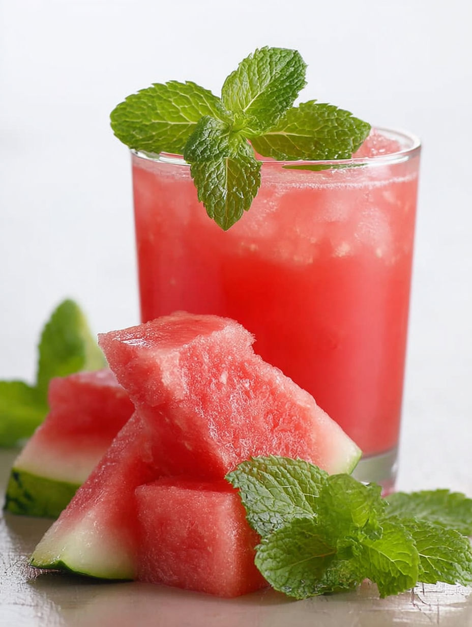 A glass of watermelon juice with mint leaves on top.