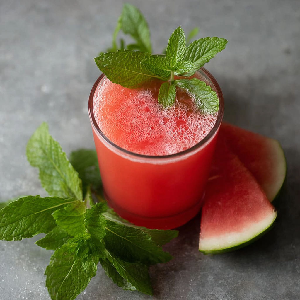 A glass of watermelon mint juice with a slice of watermelon on the side.