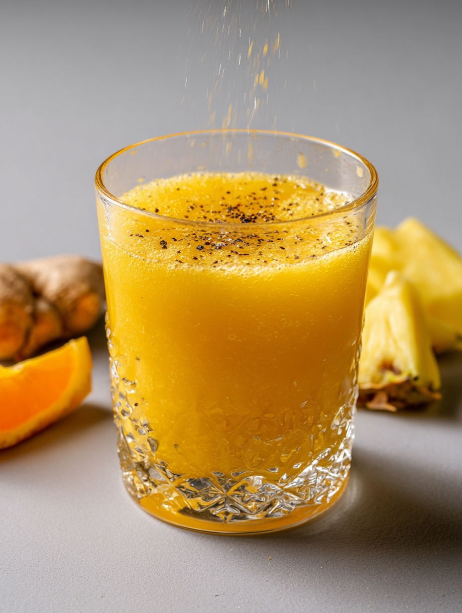 A glass of spicy pineapple detox splash with turmeric kick.