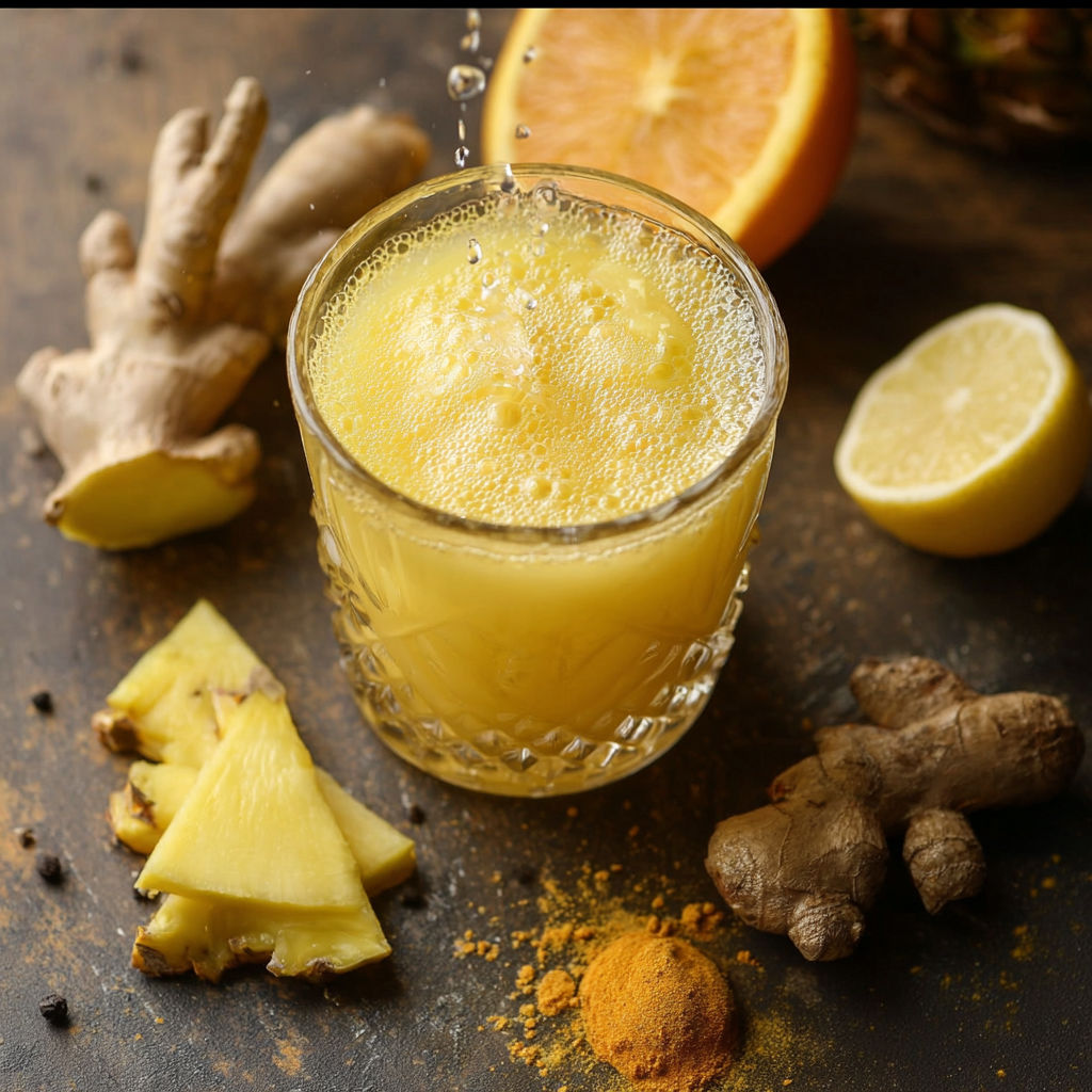 A glass of spicy pineapple detox splash with turmeric kick.