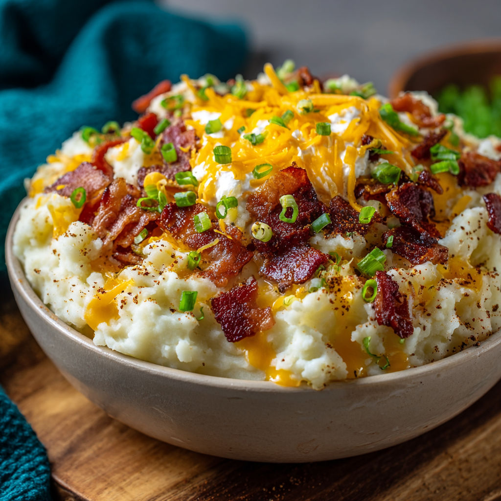 A bowl of mashed potatoes with bacon and cheese.