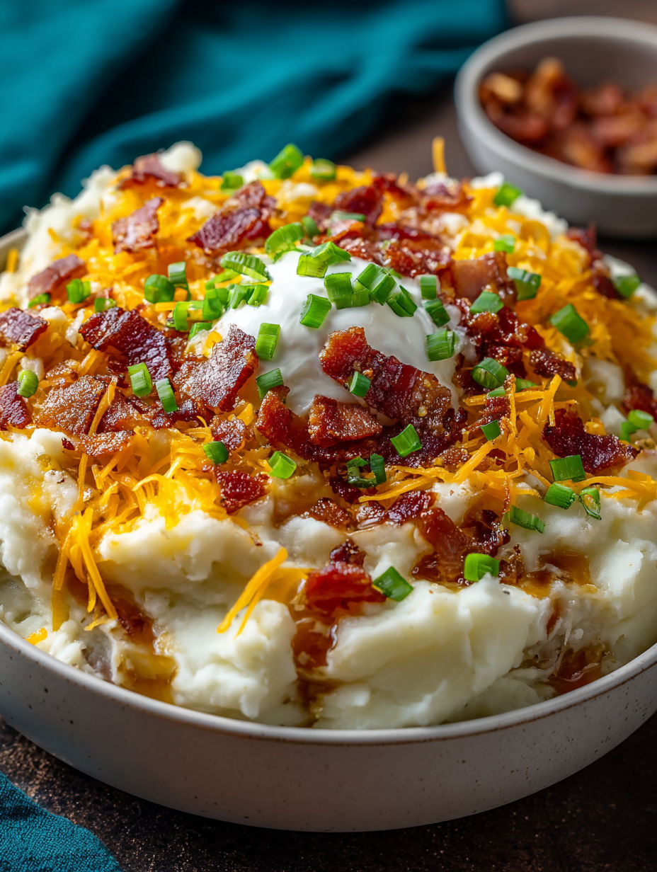 A bowl of mashed potatoes with bacon and cheese.