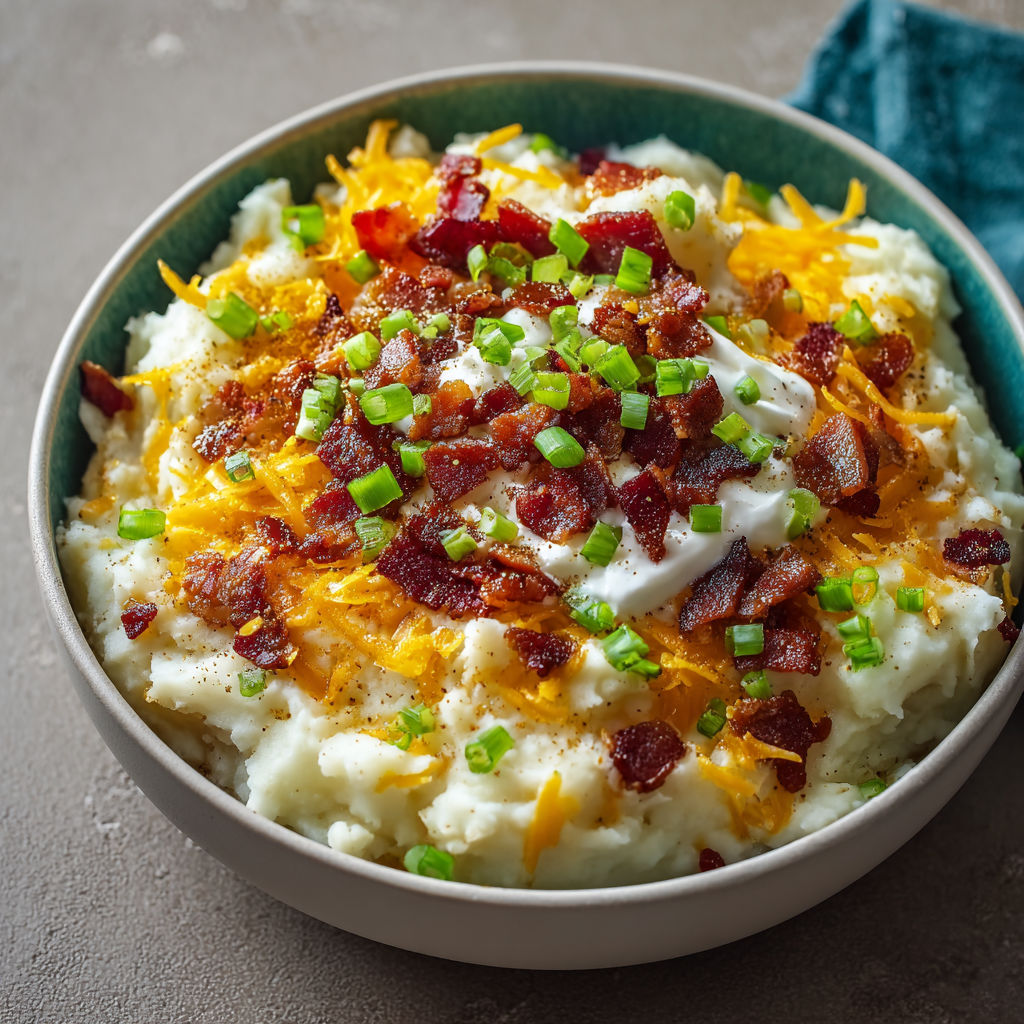 A bowl of mashed potatoes with bacon and cheese.