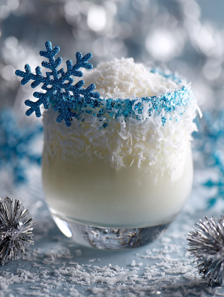 A glass of white cream with blue snowflakes on top.