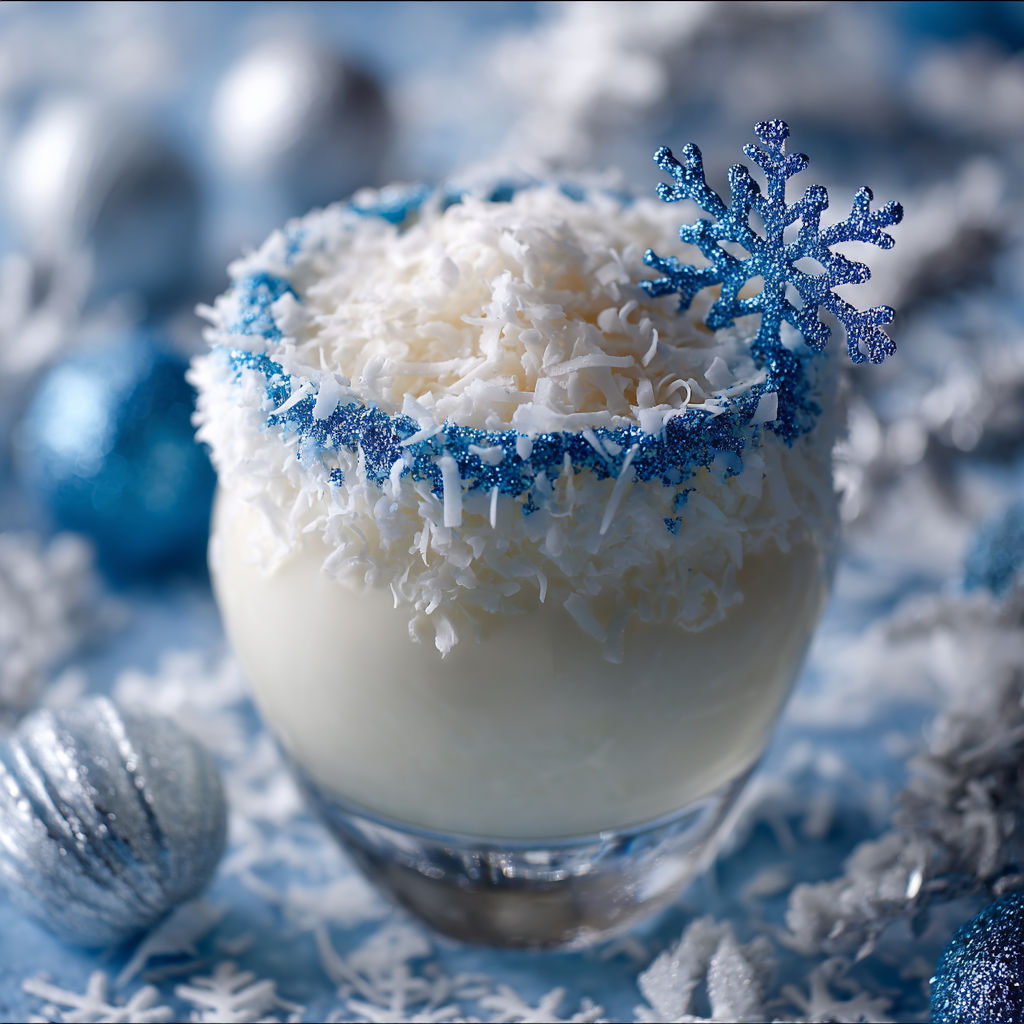 A glass of white cream with blue and white snowflakes on top.