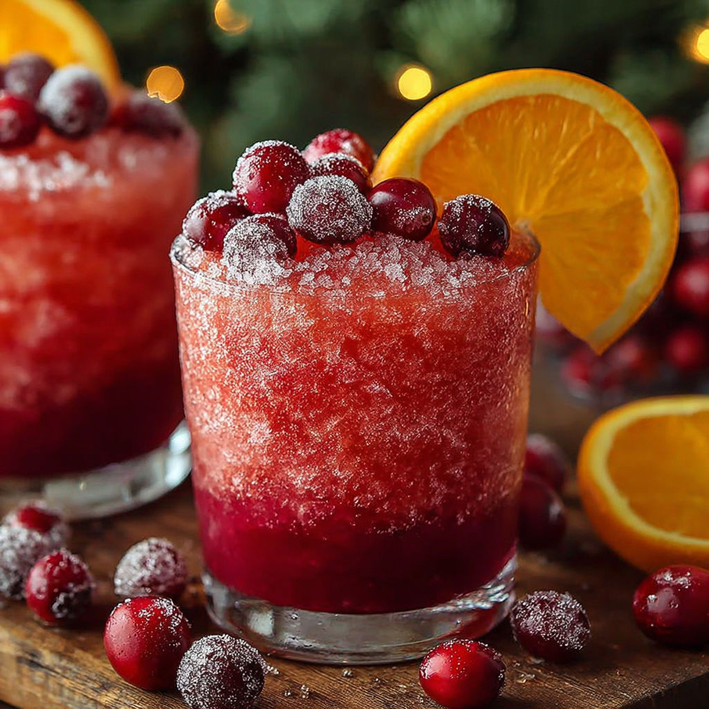 Two glasses of red slush with orange slices on a table.