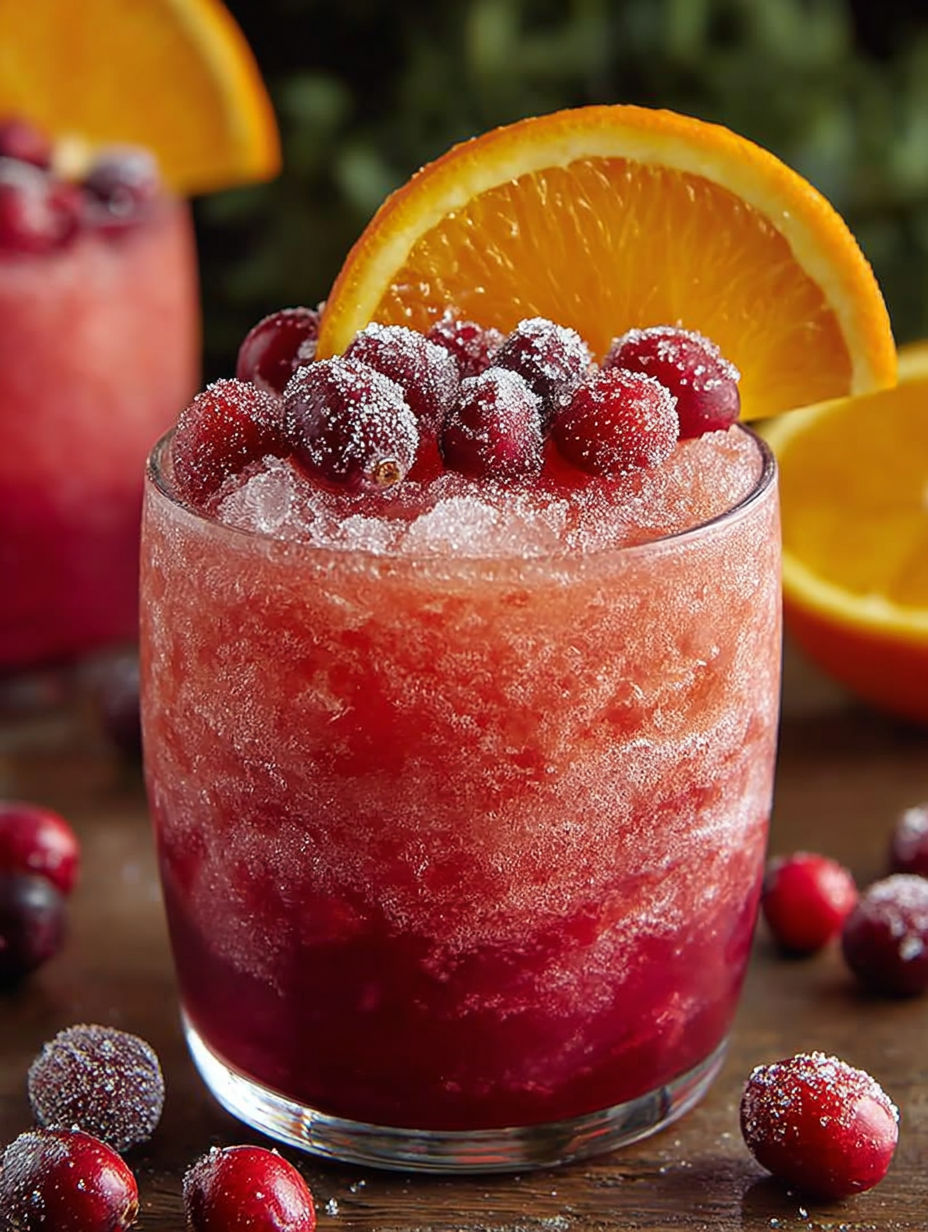 A glass of Christmas slush with a slice of orange on top.