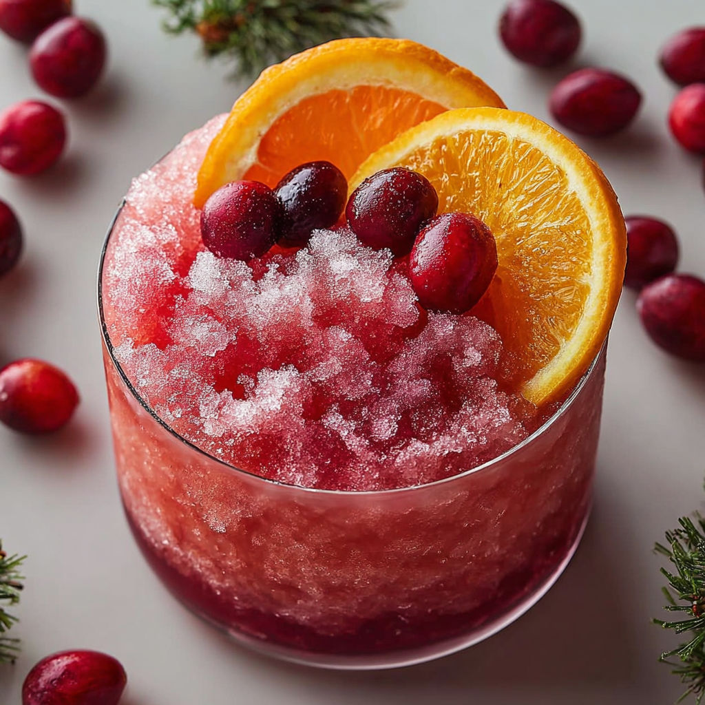 A glass of Christmas slush with orange and cranberry.