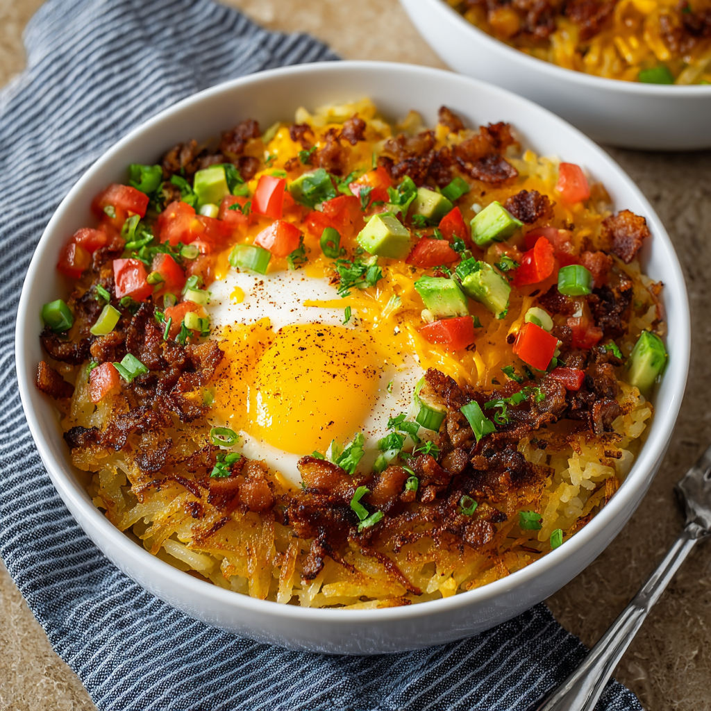 A bowl of hash browns with an egg on top.
