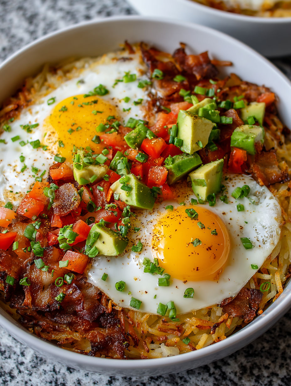 A bowl of hash browns with eggs and bacon.