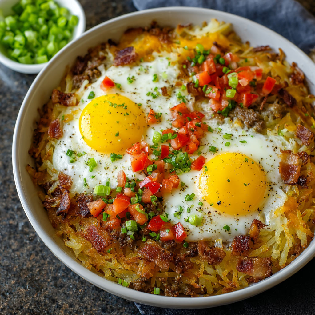 A bowl of hash brown breakfast with eggs and tomatoes.