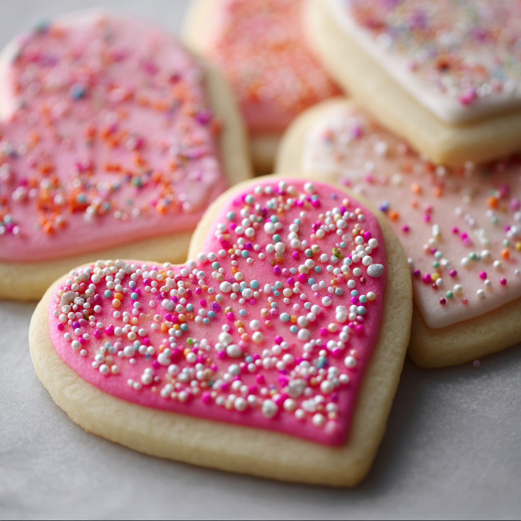 Heart shaped sugar cookies with sprinkles.