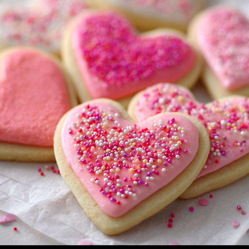 Heart shaped sugar cookies with pink frosting and sprinkles.