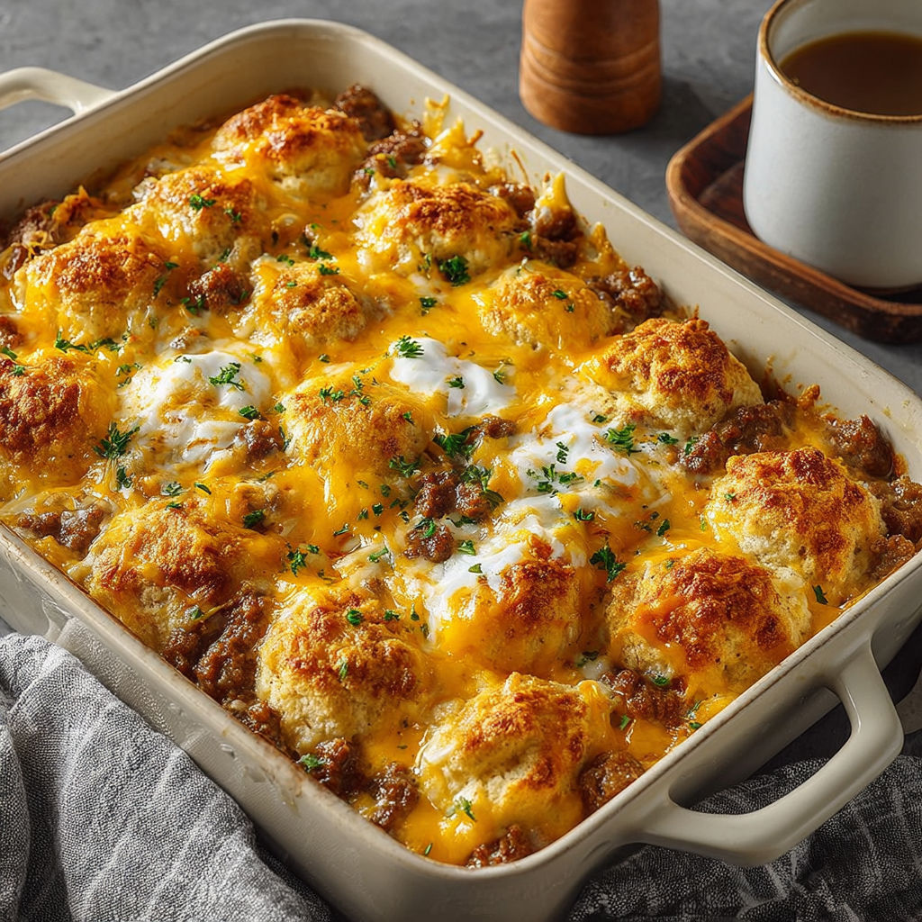 A savory cheese sausage bake in a white dish.