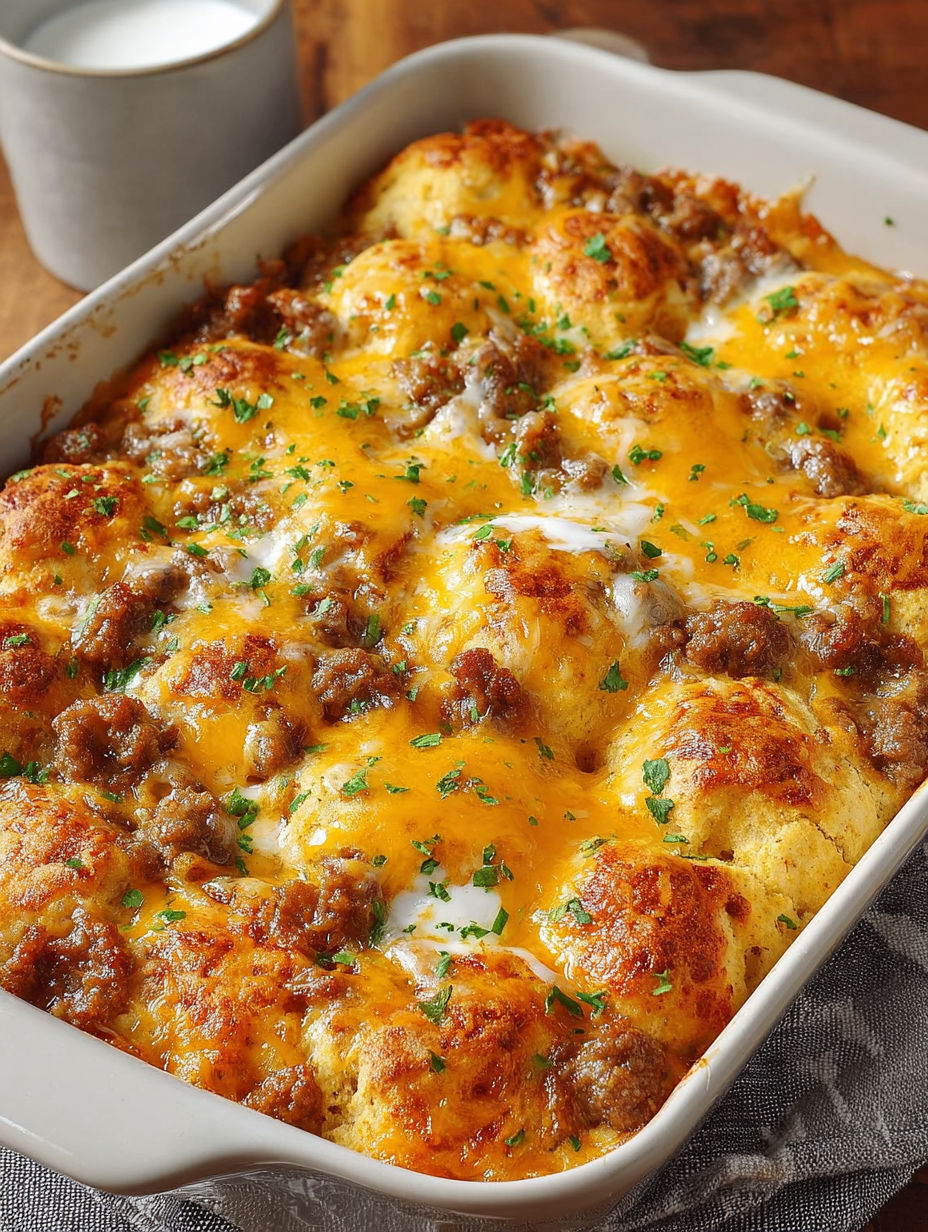 A savory cheese sausage bake in a pan.