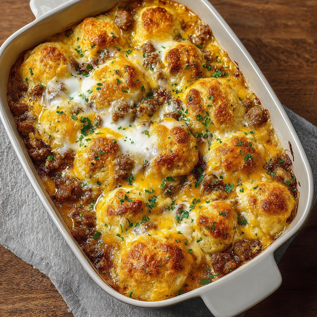 A savory cheese sausage bake in a white bowl.