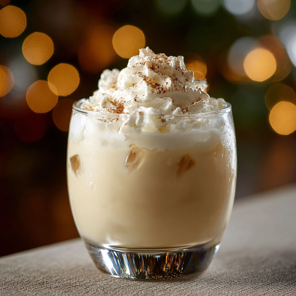 A glass of eggnog with whipped cream.