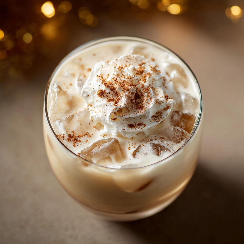 A glass of eggnog with white Russian toppings.
