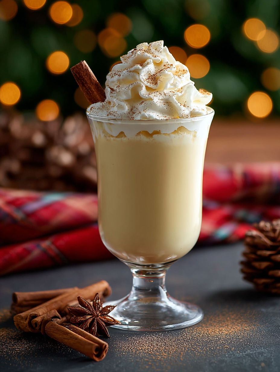 A glass of eggnog with cinnamon on top.