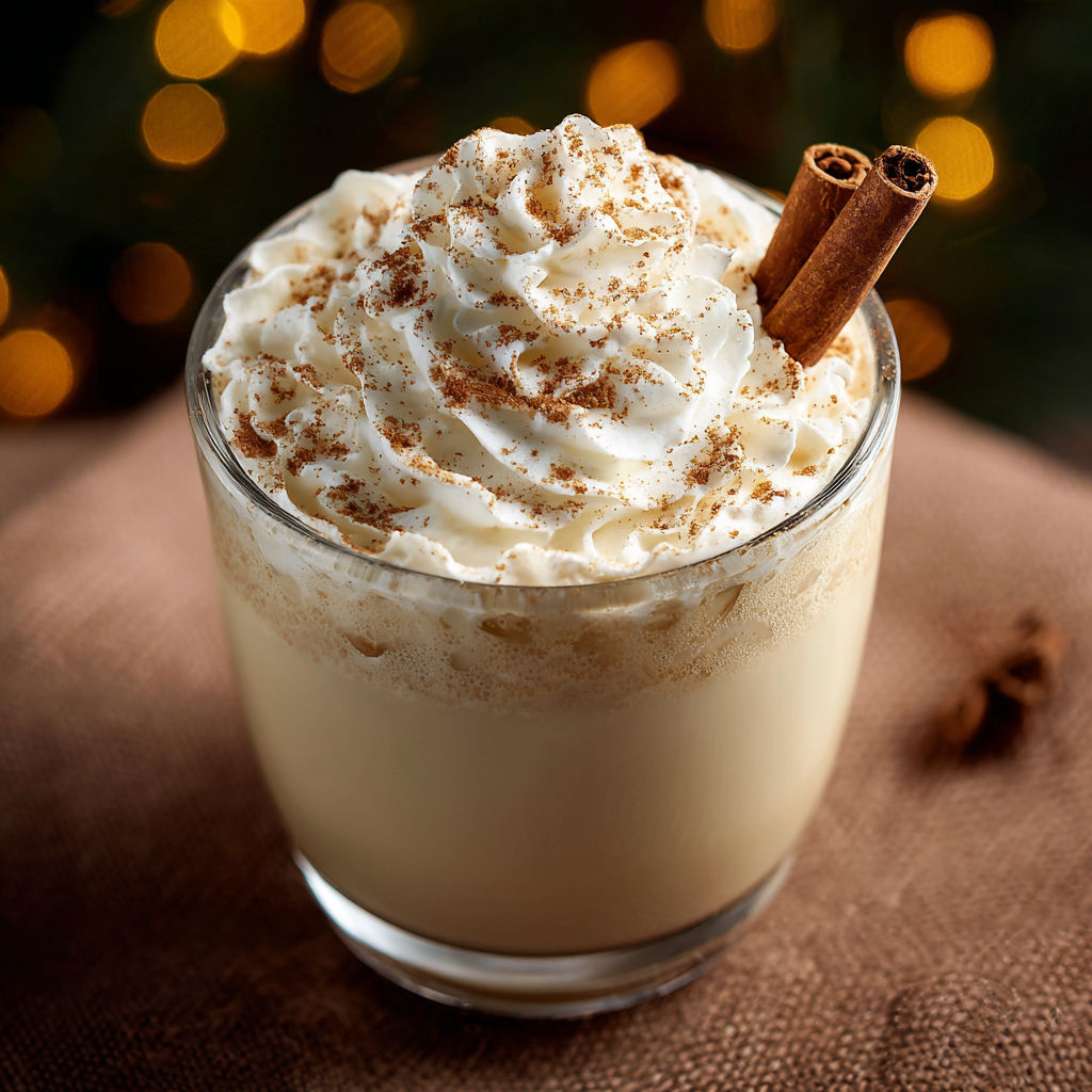 A glass of eggnog with whipped cream and cinnamon.
