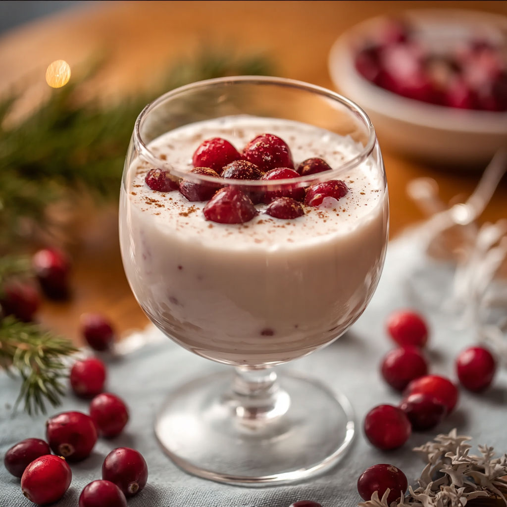 A glass of cranberry eggnog cocktail.