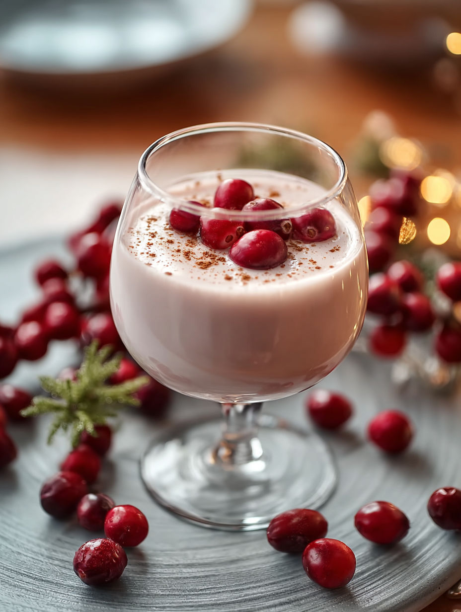 A glass of cranberry eggnog cocktail.