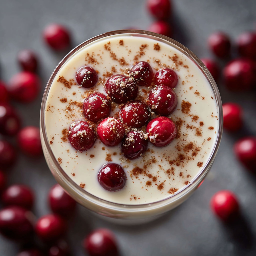 A glass of cranberry eggnog cocktail.