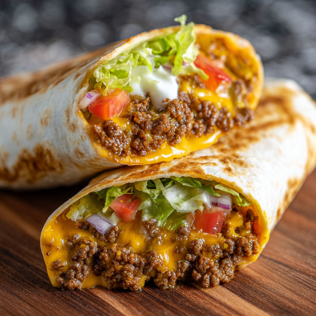A close up of a beef and cheese wrap.