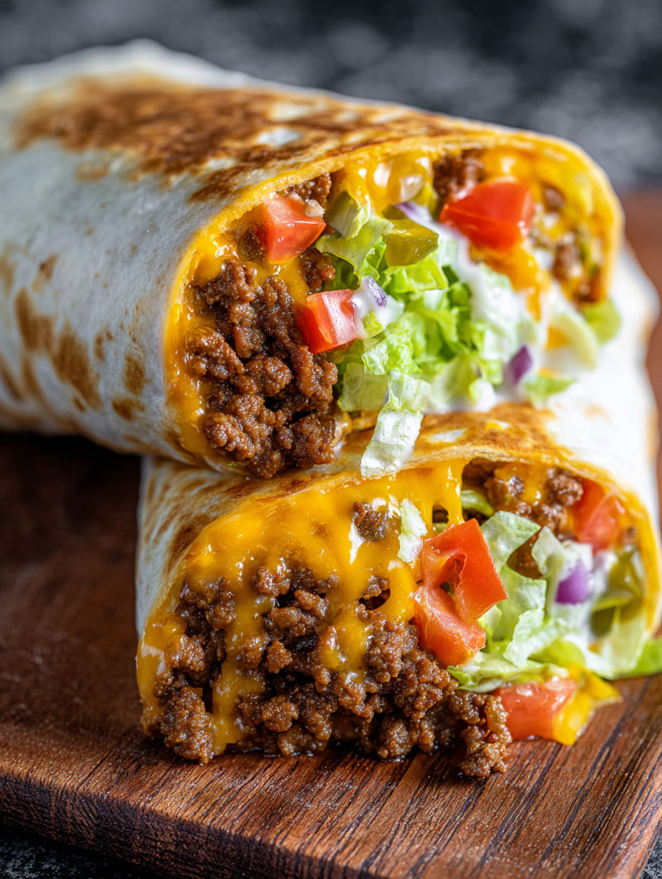A close up of a beef and cheese wrap.