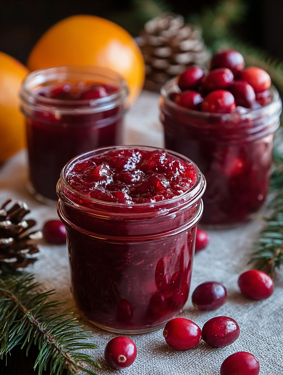 Three jars of jam on a table.