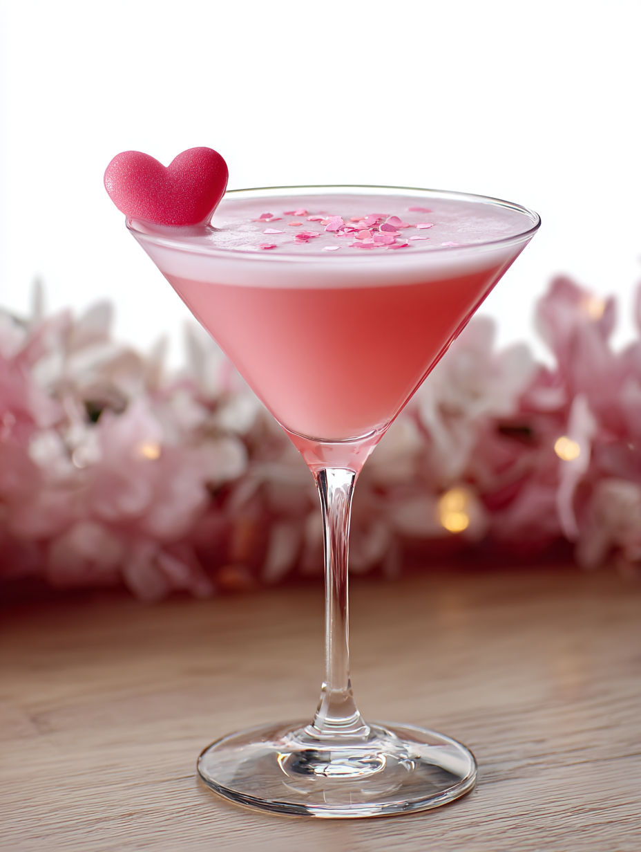 A glass of pink martini with a heart shaped garnish.