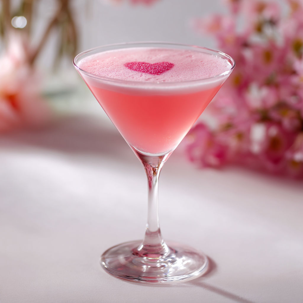 A glass of pink martini with a heart shaped piece of pink candy in it.