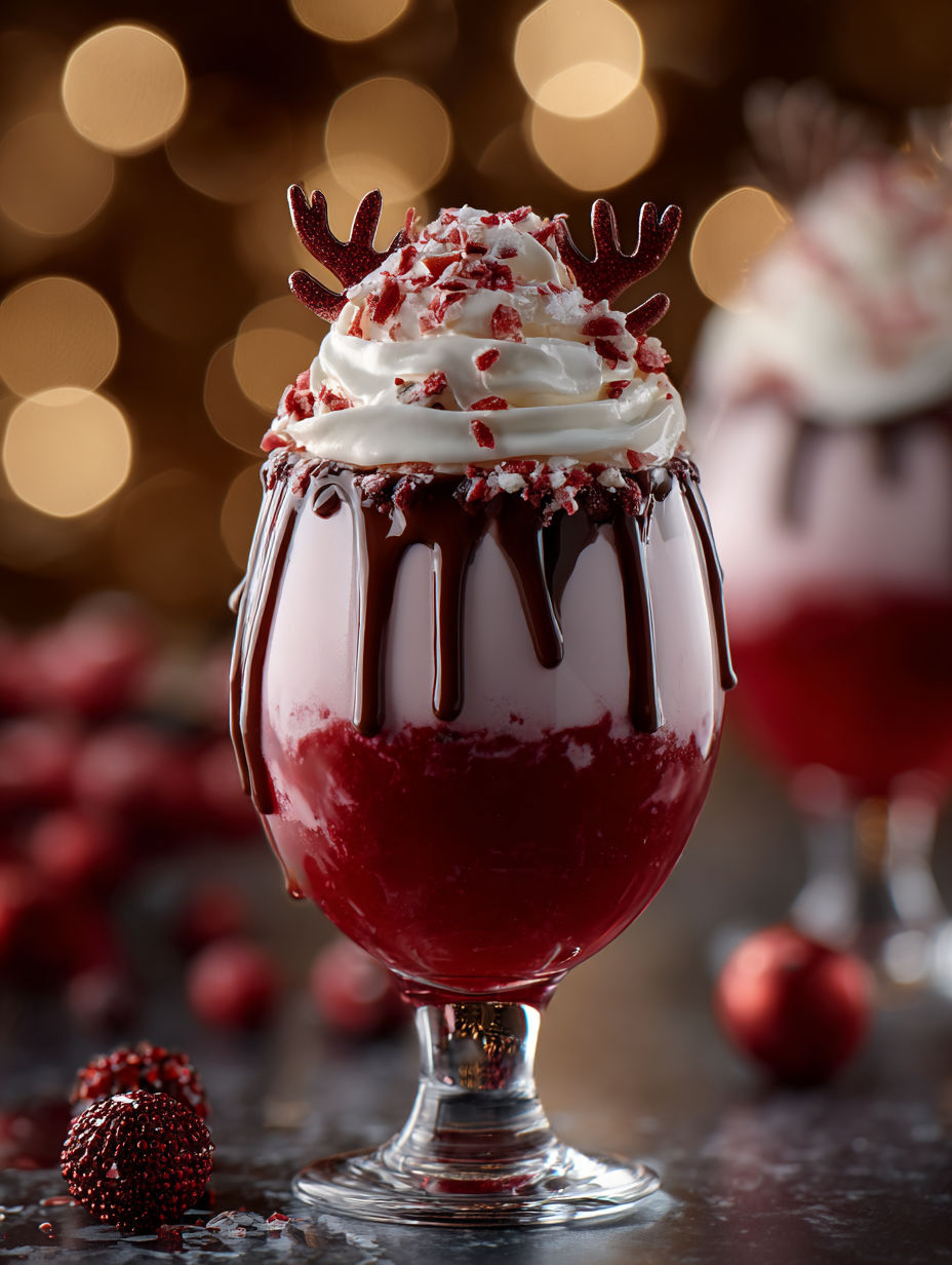 A glass of Rudolph's Red Velvet Sip Cocktail.