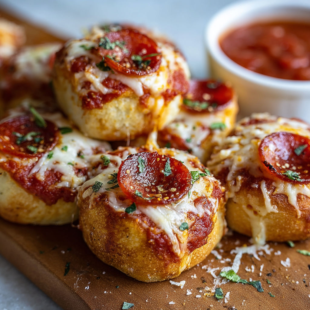 A plate of pepperoni pizza bites with a bowl of marinara sauce.