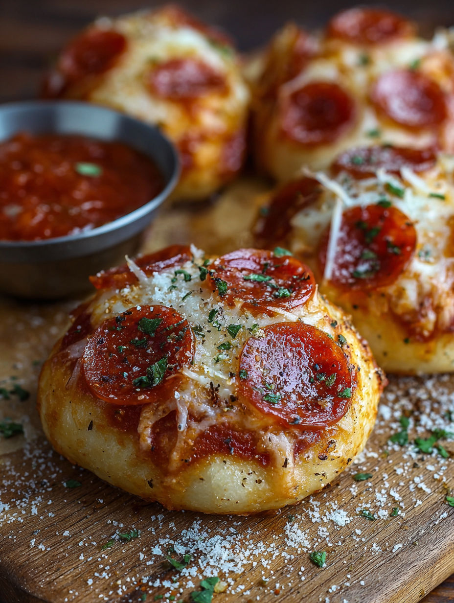 A plate of pepperoni pizza bites with a bowl of sauce.