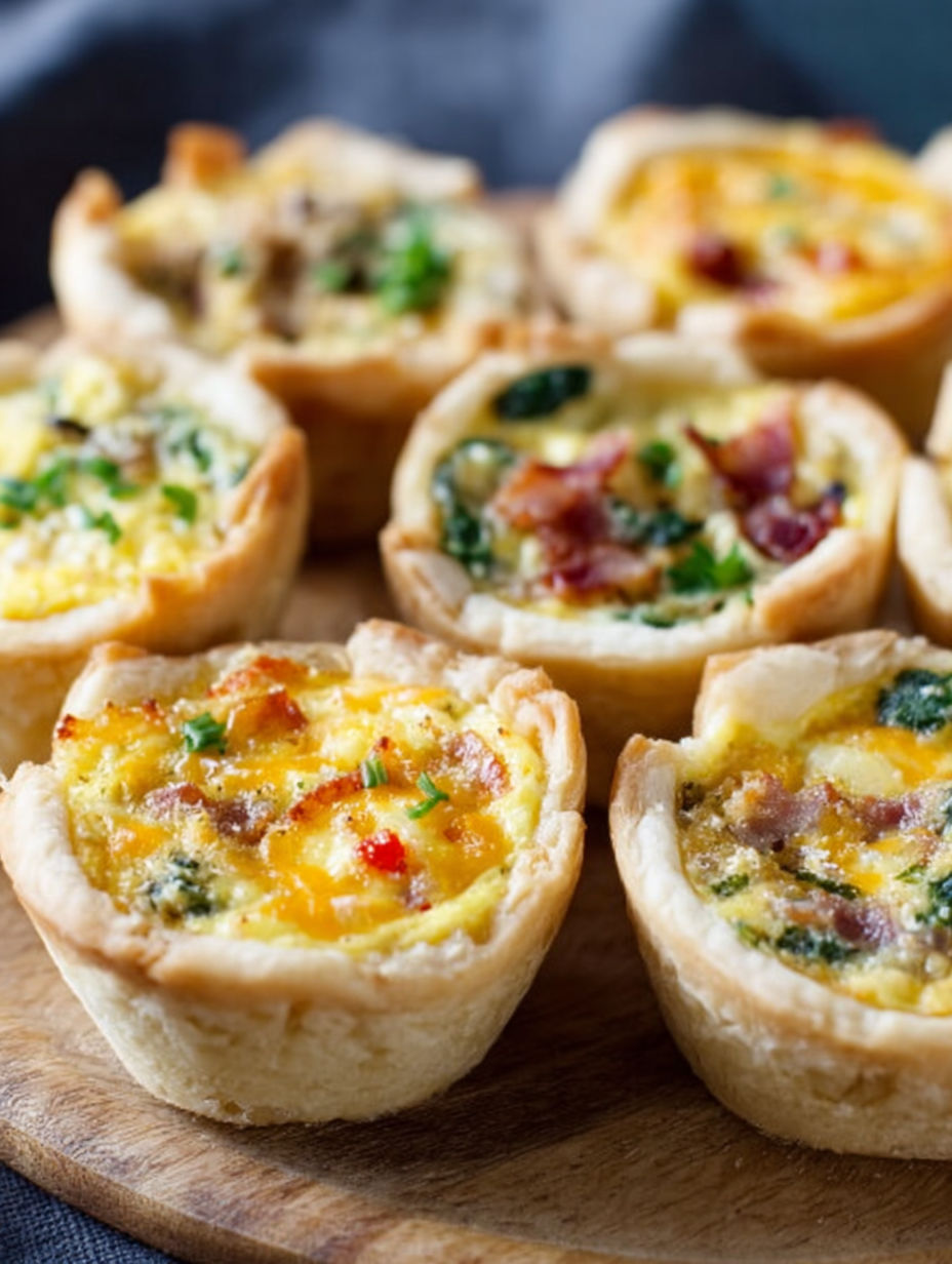 Mini quiche bites on a wooden tray.