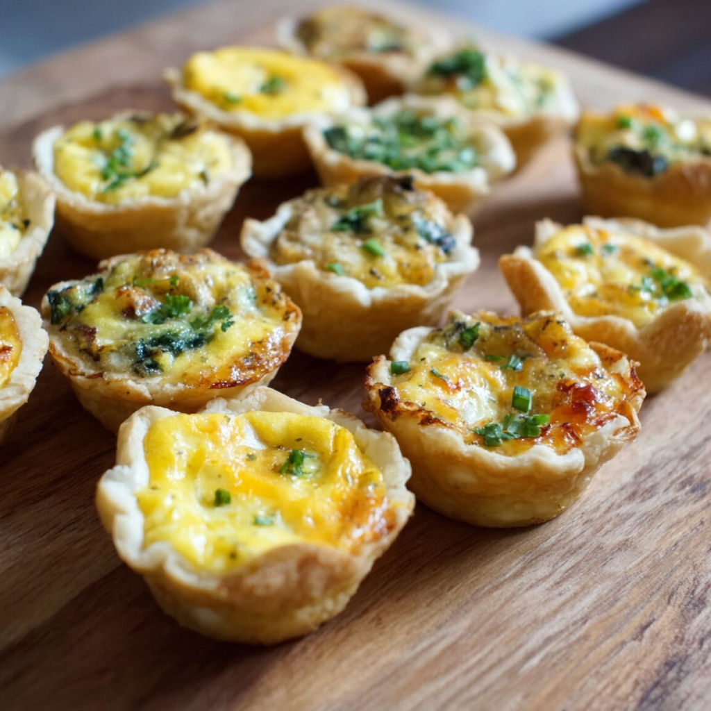 Mini quiche bites on a wooden cutting board.