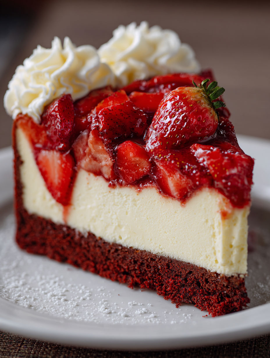 A slice of red velvet strawberry cheesecake.