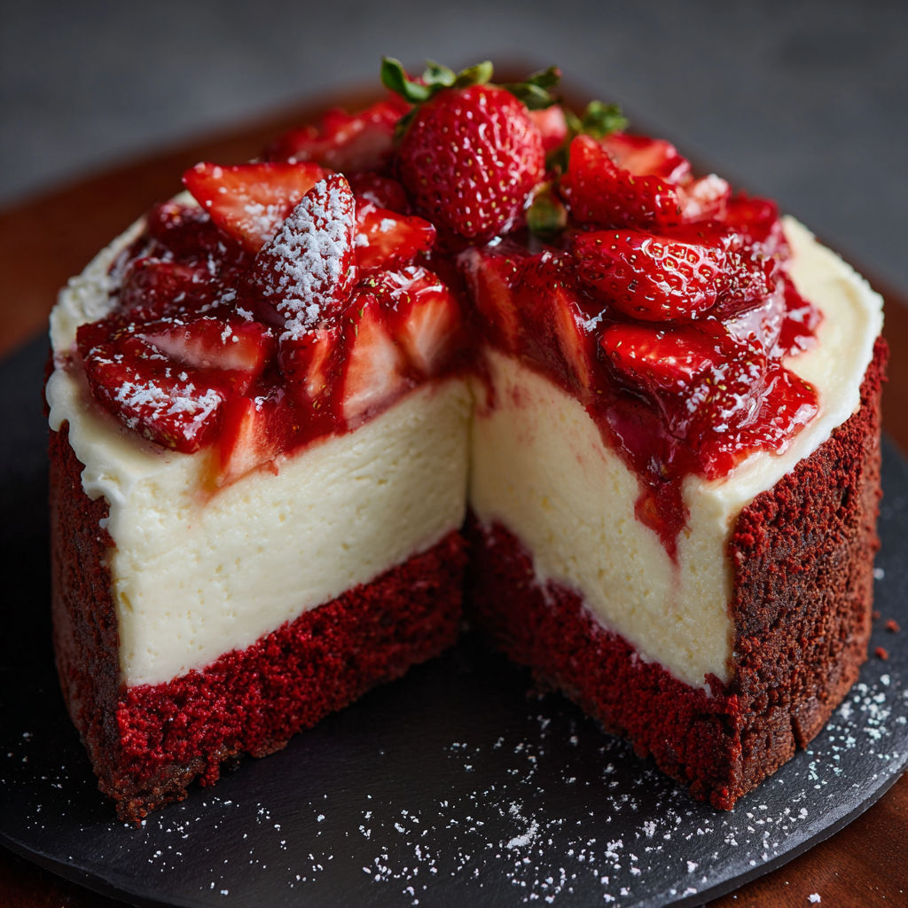 A slice of red velvet strawberry cheesecake.