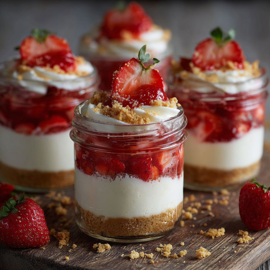 Four jars of strawberry cheesecake.
