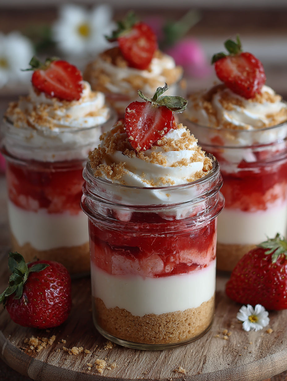 Four jars of strawberry cheesecake.