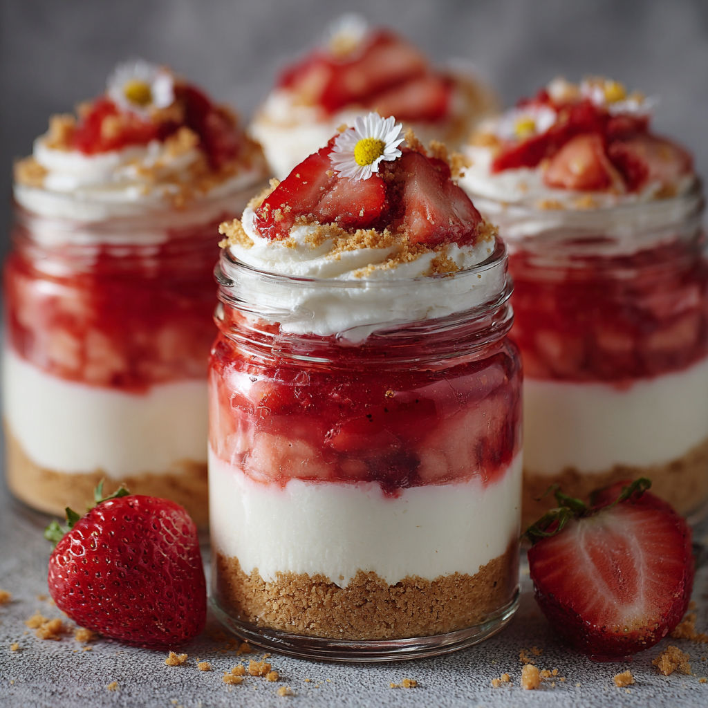 Three jars of strawberry cheesecake.