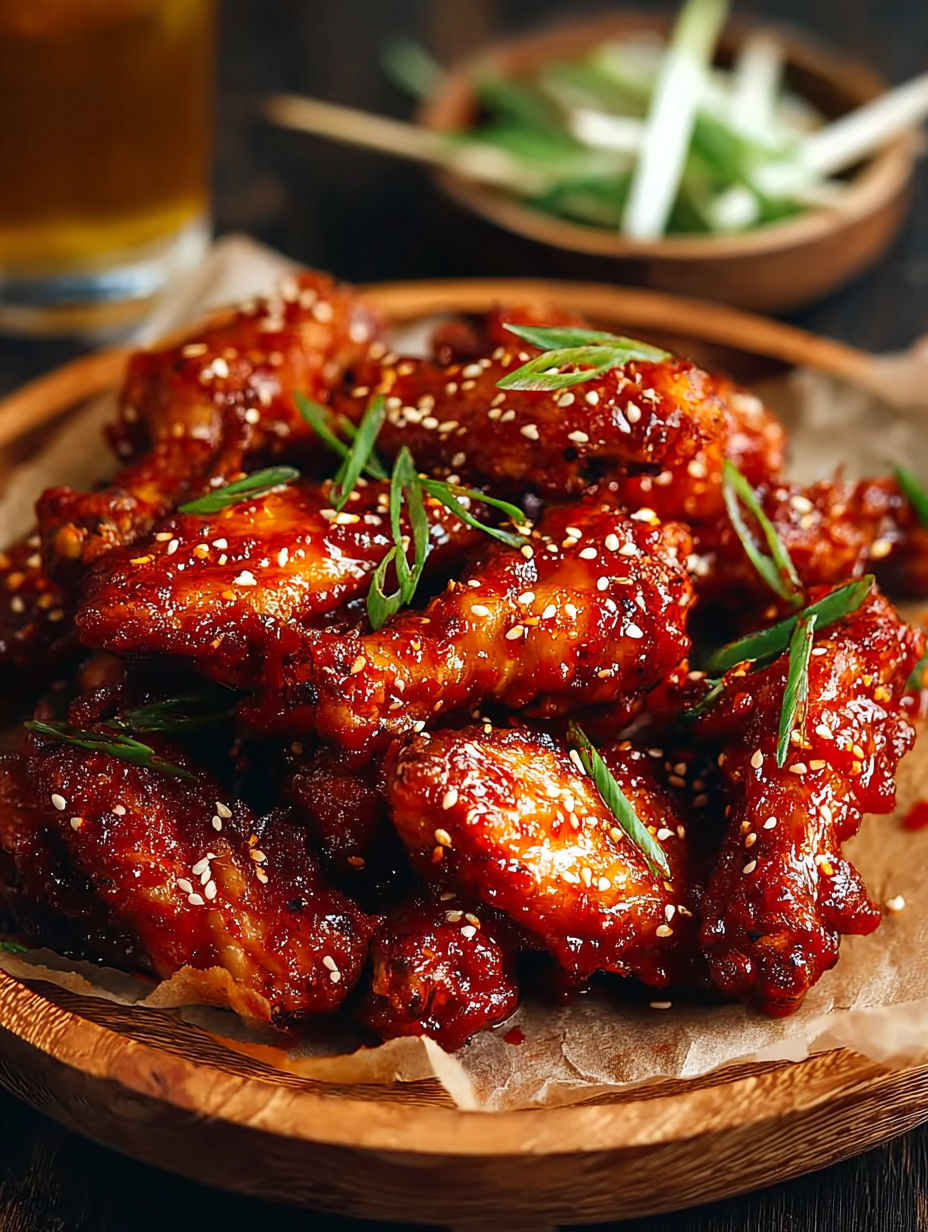A plate of spicy Korean chicken wings.